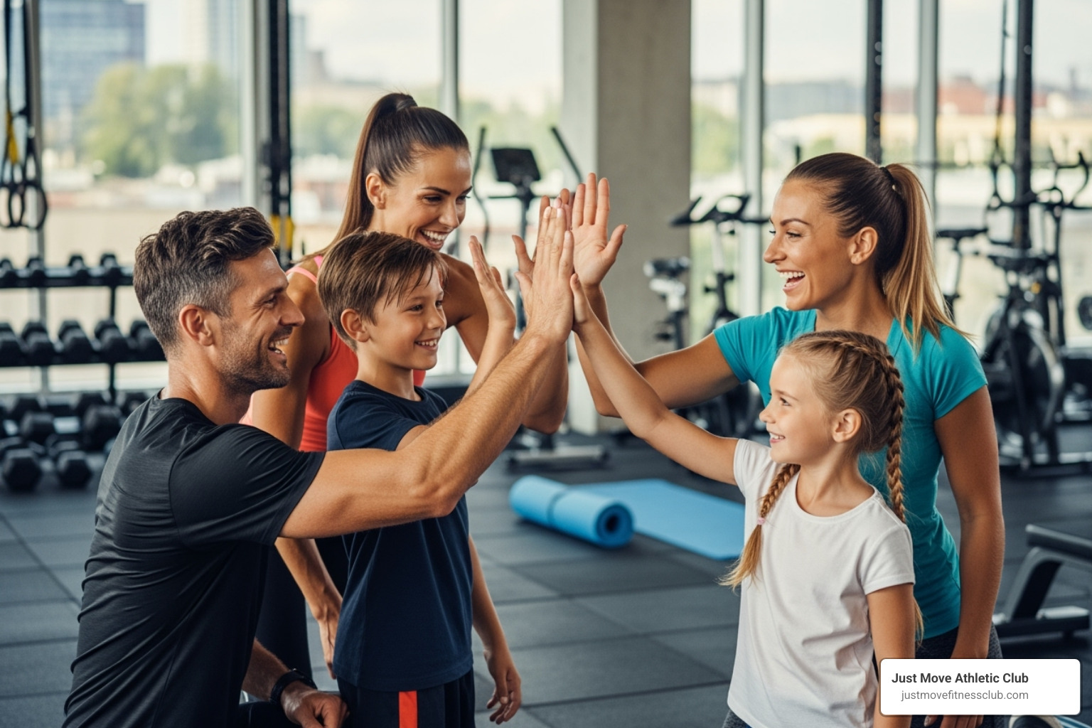 family giving high five after workout - family wellness group fitness schedule
