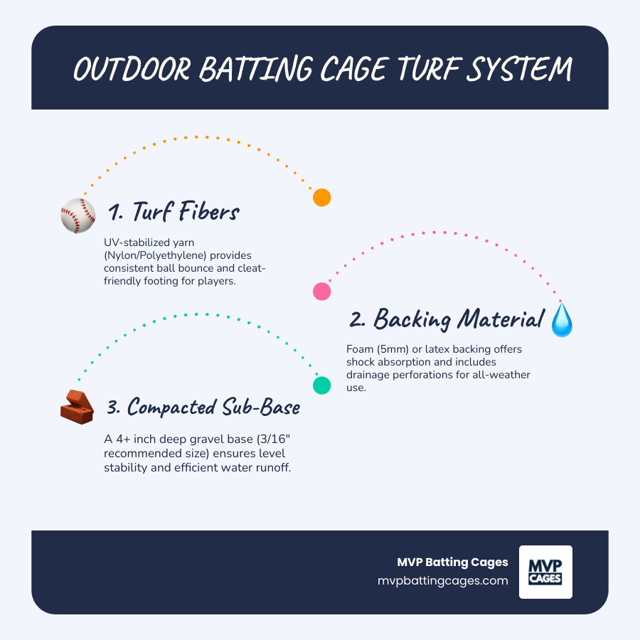 infographic showing layers of outdoor batting cage turf system including turf fibers at top, backing material in middle, and compacted gravel sub-base at bottom with labels for UV-stabilized yarn, drainage perforations, foam or latex backing, and 4-inch gravel base - batting cage turf outdoor infographic infographic-line-3-steps-blues-accent_colors