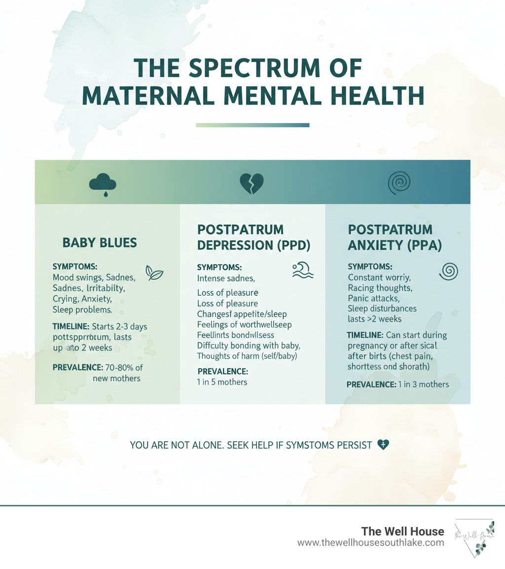 infographic showing the spectrum of maternal mental health from baby blues to postpartum depression and anxiety, including symptoms, timeline, and prevalence statistics - emotional wellness for moms infographic 