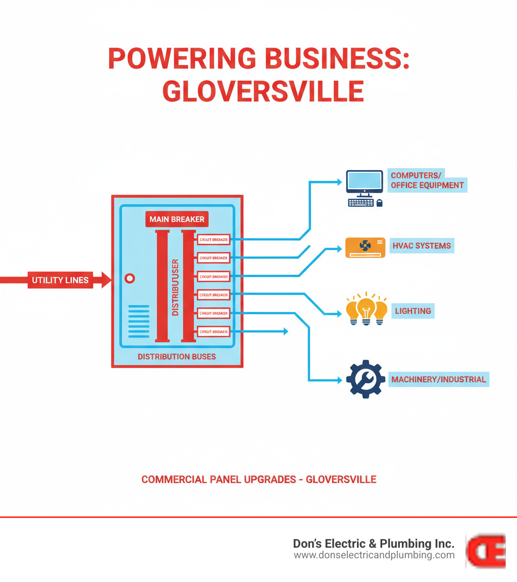 Infographic showing the path of electrical power from utility lines through a commercial electrical panel to various business equipment including computers, HVAC systems, lighting, and machinery, with key components labeled including main breaker, circuit breakers, and distribution buses - commercial panel upgrade gloversville infographic Infographic showing the path of electrical power from utility lines through a commercial electrical panel to various business equipment including computers, HVAC systems, lighting, and machinery, with key components labeled including main breaker, circuit breakers, and distribution buses - commercial panel upgrade gloversville infographic