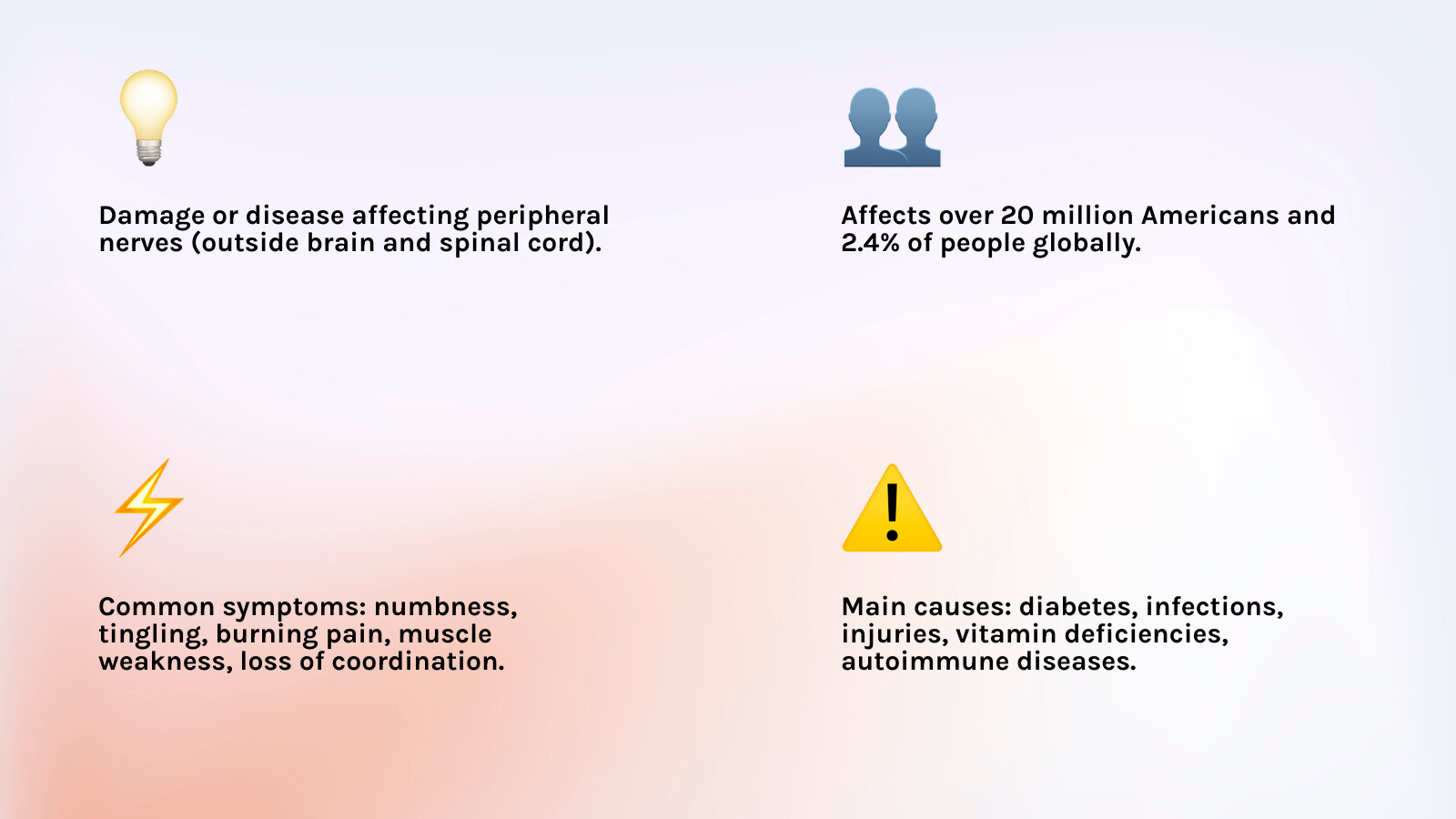 Infographic showing the definition of neuropathy, types of nerves affected (motor, sensory, autonomic), common symptoms including tingling and numbness in hands and feet, and primary causes such as diabetes, infections, and vitamin deficiencies - what is neuropathy infographic 4_facts_emoji_light-gradient