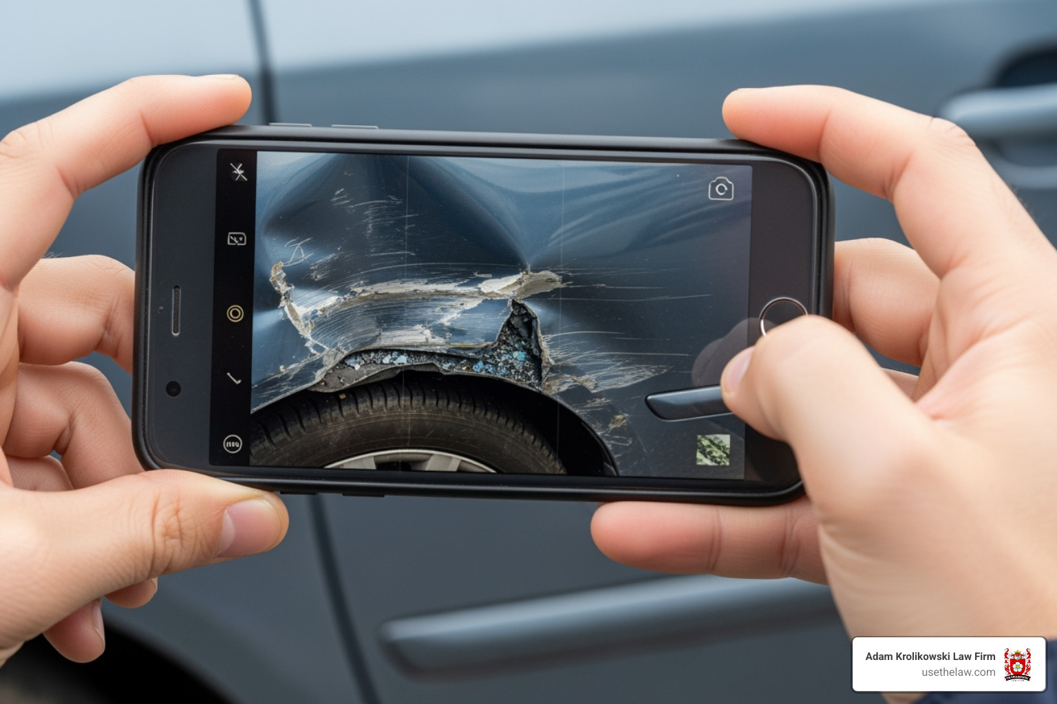 A person using their phone to take pictures of car damage - car accident attorney in irvine ca A person using their phone to take pictures of car damage - car accident attorney in irvine ca