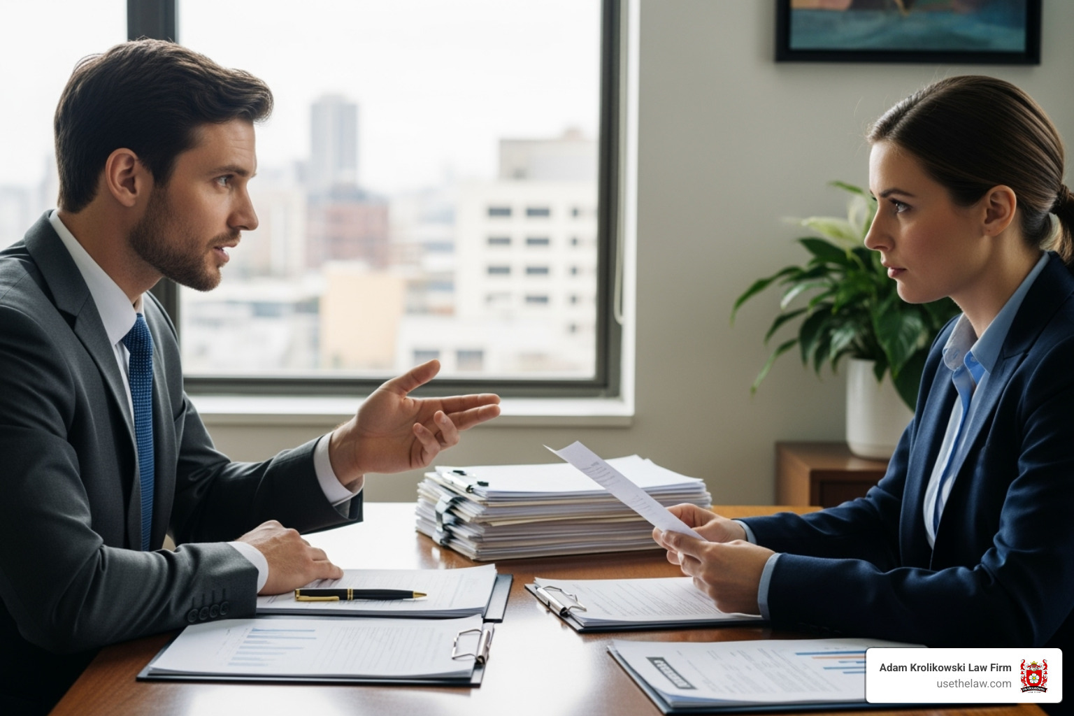 A confident attorney negotiating across a desk from an insurance adjuster - car accident attorney in irvine ca A confident attorney negotiating across a desk from an insurance adjuster - car accident attorney in irvine ca