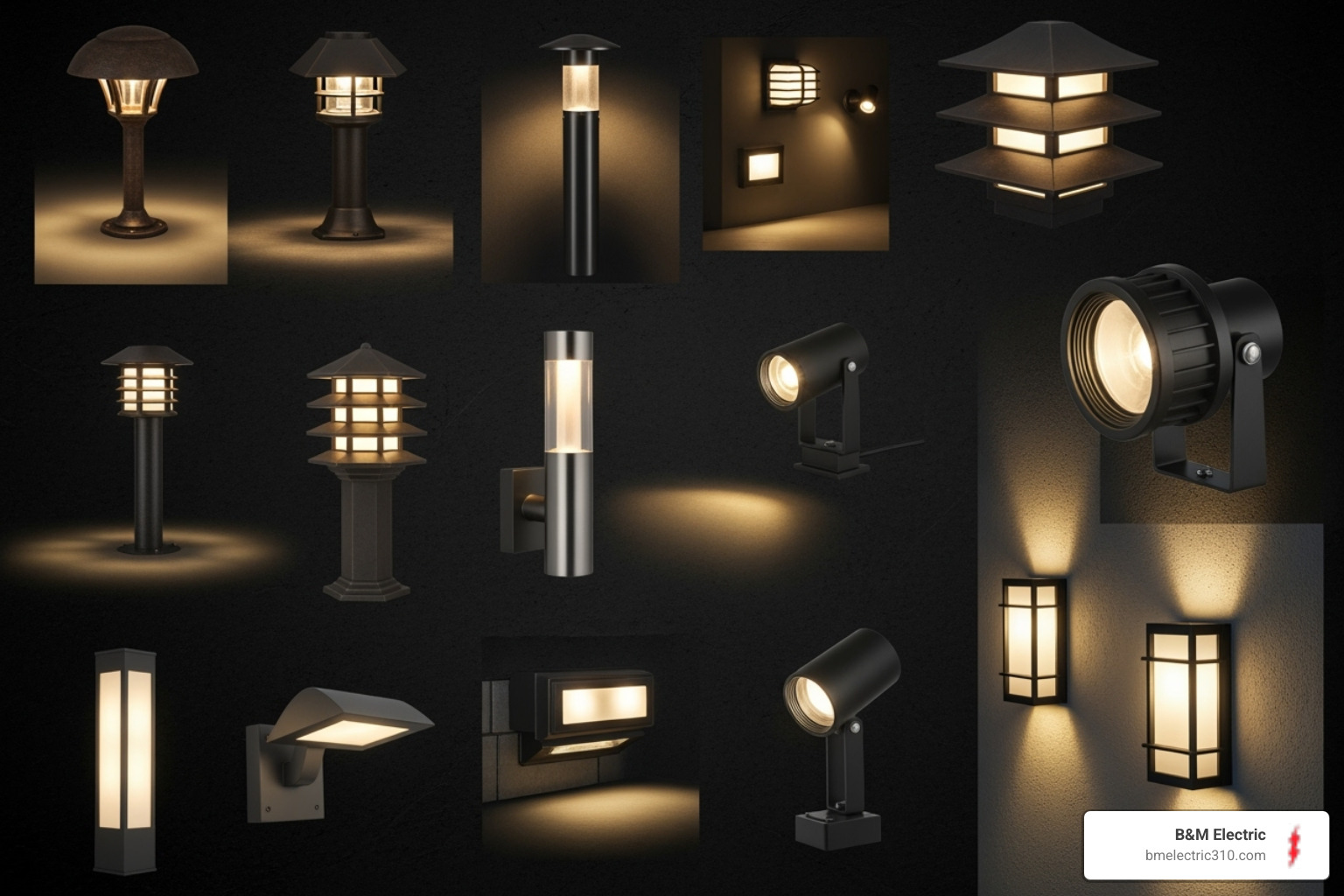 collage showing different lighting fixtures like path lights, spotlights, and wall lights - outdoor landscape lighting torrance