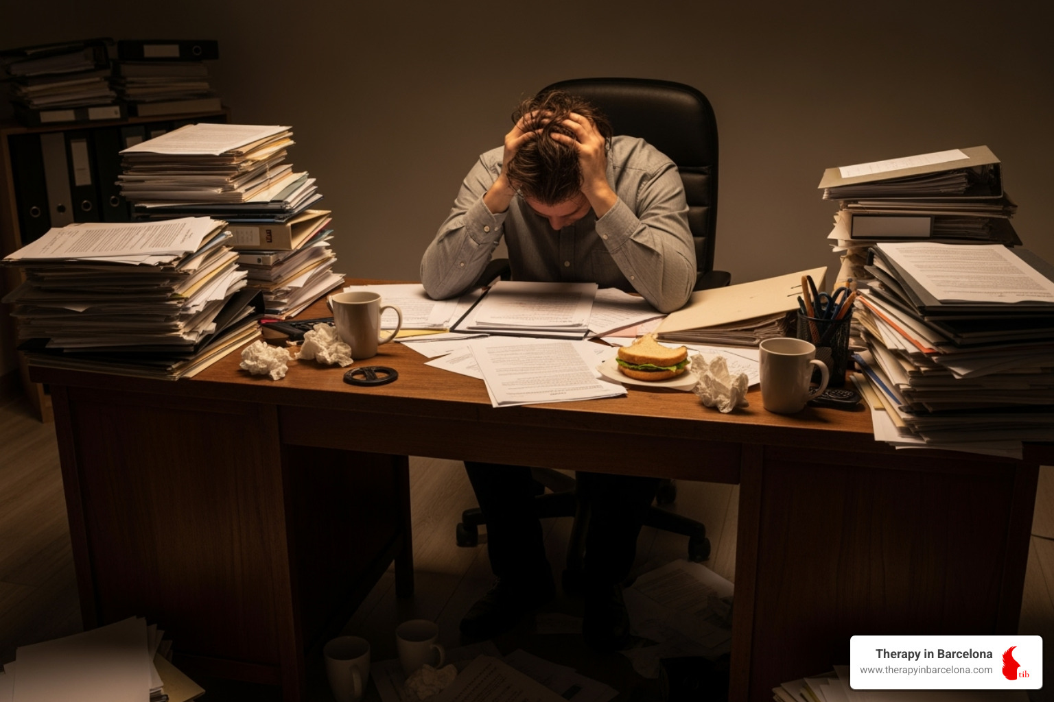 A person sitting slumped at a desk, head in hands, surrounded by overflowing paperwork, illustrating the physical and emotional effects of chronic stress - work life balance therapy