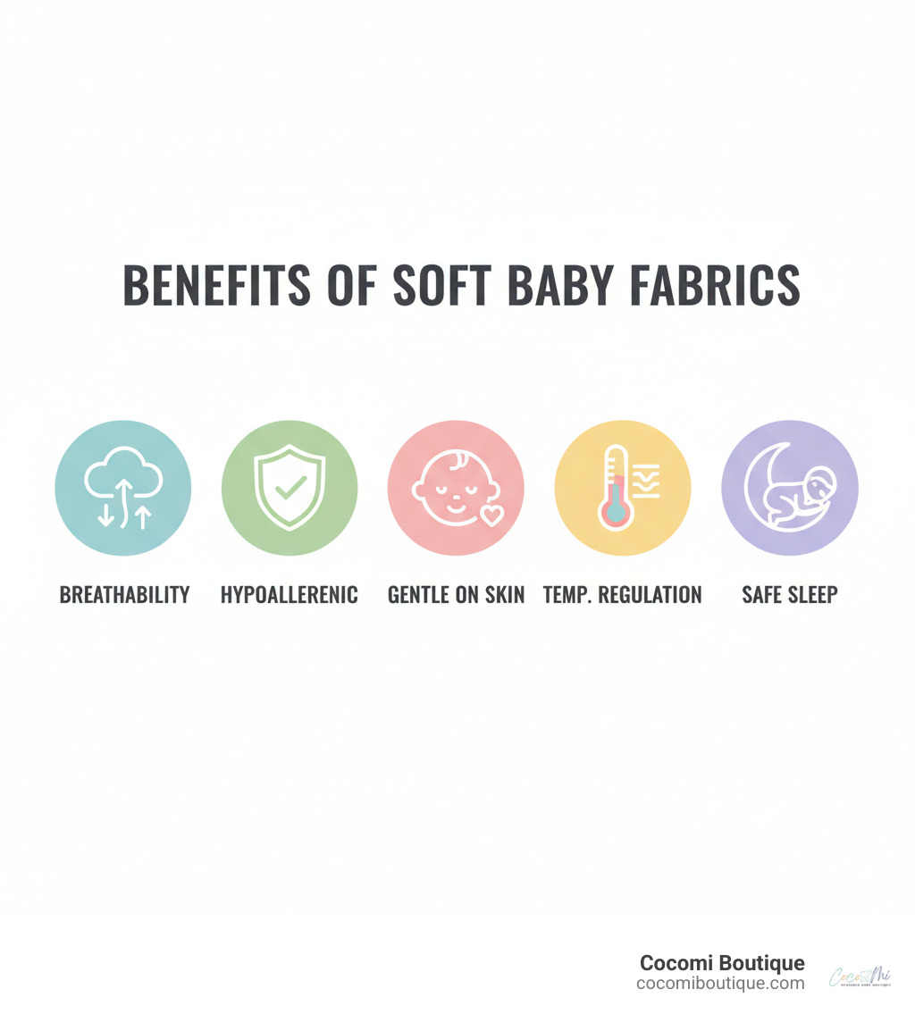 infographic showing benefits of soft baby fabrics including breathability icon with air flow arrows, hypoallergenic icon with shield and checkmark, gentle on skin icon with baby face and heart, temperature regulation icon with thermometer, and safe sleep icon with sleeping baby - Soft baby essentials infographic 