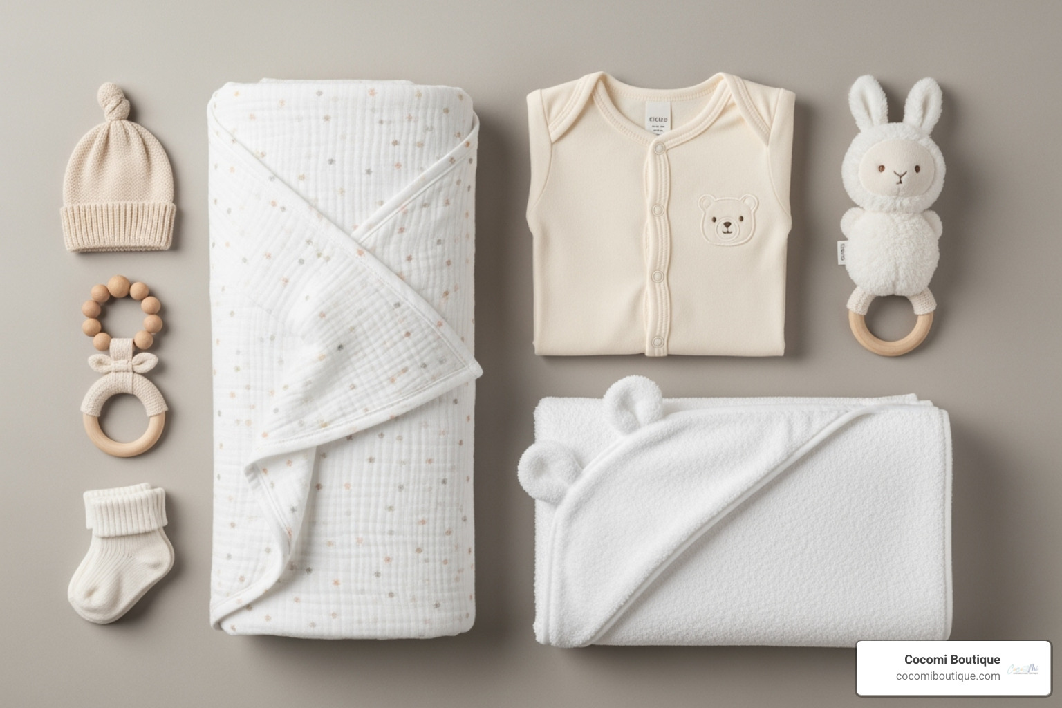 flat lay of various soft baby items like a swaddle, a onesie, and a hooded towel - Soft baby essentials