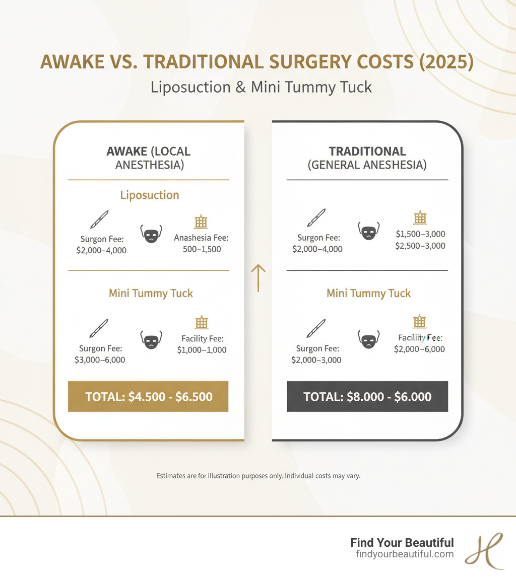 Table comparing the estimated total cost of Liposuction and a Mini Tummy Tuck performed awake versus under general anesthesia, showing breakdowns for surgeon, anesthesia, and facility fees. - awake surgery cost infographic 