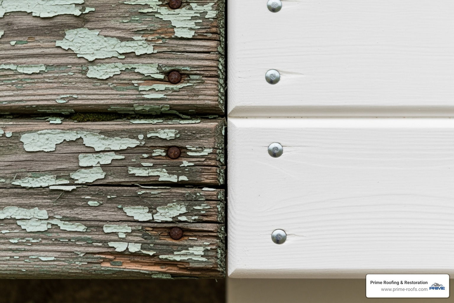 Rotted and peeling fascia board next to a new, pristine one - cost to install fascia Rotted and peeling fascia board next to a new, pristine one - cost to install fascia