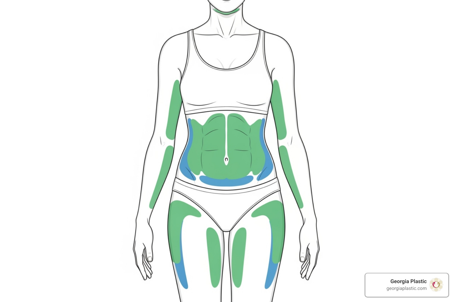 Illustration of different liposuction treatment areas on the body - liposuction cost atlanta