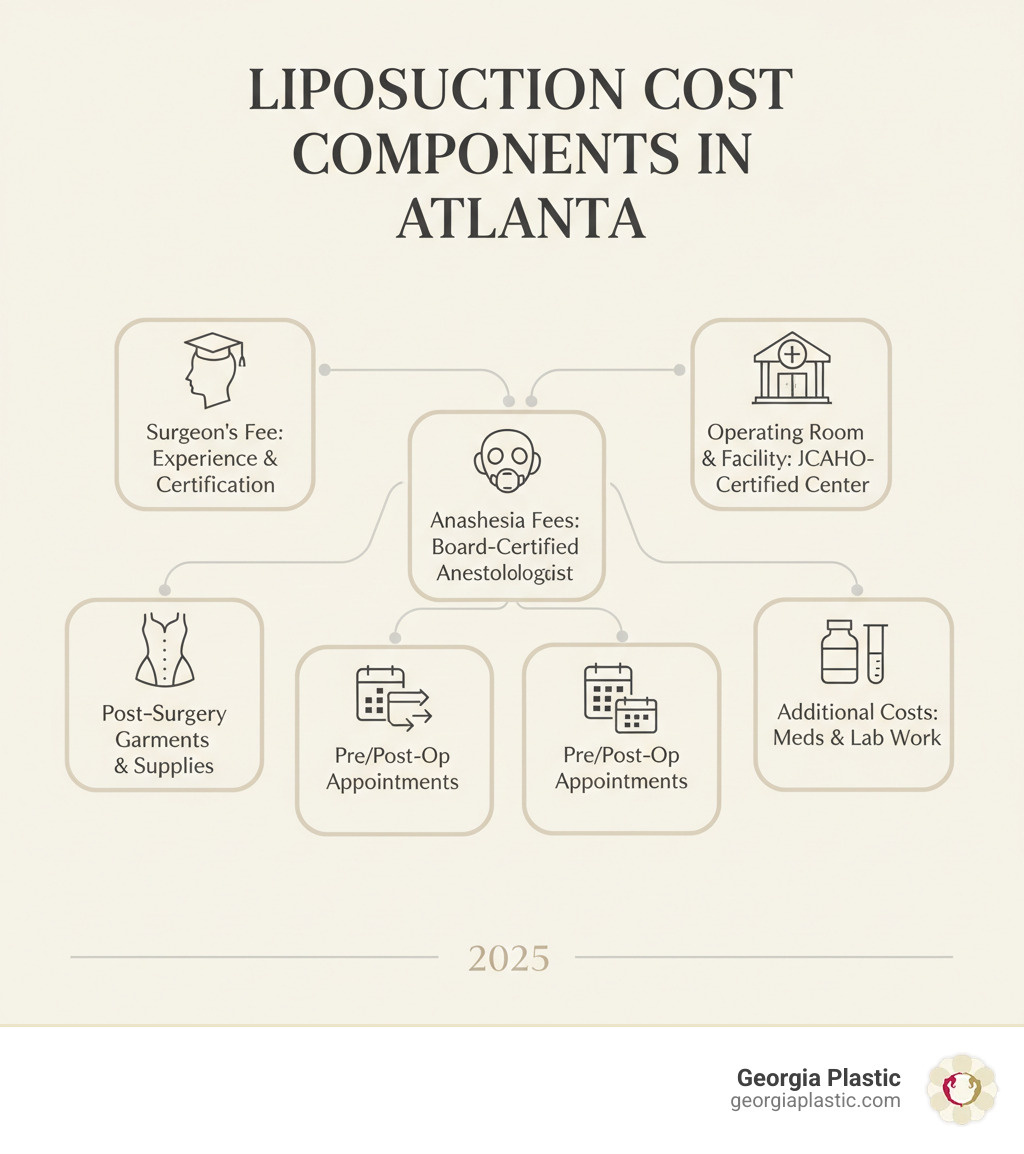 Infographic showing the main cost components of liposuction in Atlanta: Surgeon's Fee (based on experience and board certification), Anesthesia Fees (board-certified anesthesiologist), Operating Room and Facility Costs (JCAHO-certified surgical center), Post-Surgery Garments and Supplies, Pre-Operative and Post-Operative Appointments, and Additional Costs like medications and lab work - liposuction cost atlanta infographic 