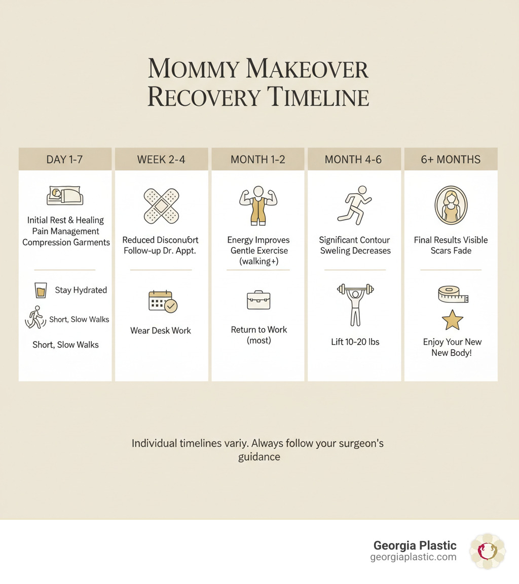 Infographic showing the mommy makeover recovery timeline from day 1 through 6 months, including key milestones like when pain subsides, when you can return to work, when you can resume exercise, and when final results are visible. Includes icons for rest, compression garments, walking, hydration, and follow-up appointments at each stage. - mommy makeover recovery tips infographic 