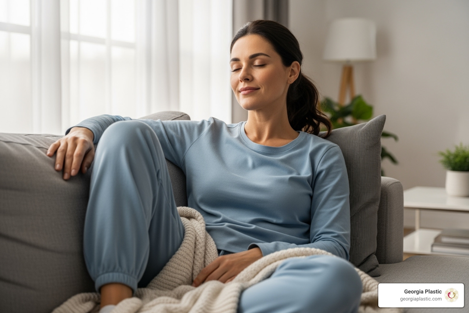 woman relaxing comfortably at home post-surgery - best breast lift surgeon atlanta woman relaxing comfortably at home post-surgery - best breast lift surgeon atlanta