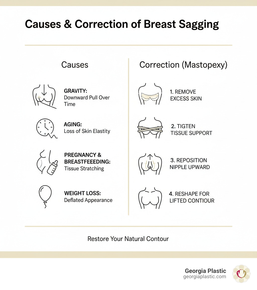infographic showing the causes of breast sagging including gravity pulling tissue downward over time, aging and loss of skin elasticity, pregnancy and breastfeeding stretching tissue, weight loss leaving deflated appearance, and how a mastopexy corrects this by removing excess skin, tightening tissue, repositioning nipple upward, and reshaping the breast mound for a lifted youthful contour - breast lift without implants atlanta infographic 
