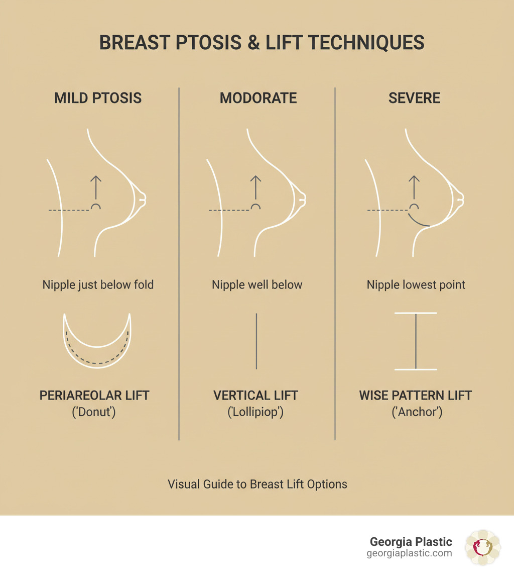 infographic showing the three degrees of breast ptosis (mild, moderate, severe) with side-view breast diagrams illustrating nipple position relative to the breast fold, and the corresponding lift techniques used to correct each degree of sagging - breast lift before and after atlanta infographic infographic showing the three degrees of breast ptosis (mild, moderate, severe) with side-view breast diagrams illustrating nipple position relative to the breast fold, and the corresponding lift techniques used to correct each degree of sagging - breast lift before and after atlanta infographic
