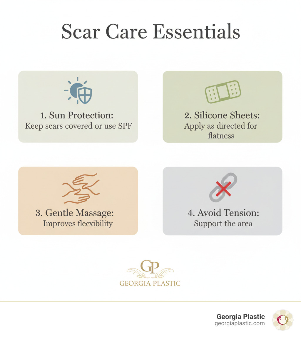 infographic showing tips for scar care including sun protection, silicone sheets, massage, and avoiding tension - georgia plastic breast lift infographic infographic showing tips for scar care including sun protection, silicone sheets, massage, and avoiding tension - georgia plastic breast lift infographic