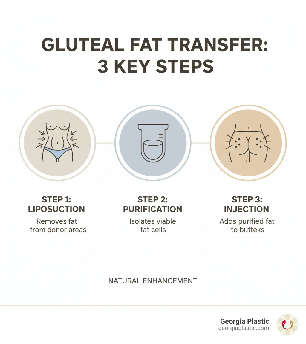 Infographic showing the three main steps of gluteal fat transfer: Step 1 - Liposuction removes fat from donor areas like abdomen, flanks, and thighs; Step 2 - Fat is purified through centrifugation or washing to isolate viable cells; Step 3 - Purified fat is injected in layers into the buttocks through small incisions - gluteal fat transfer atlanta infographic 