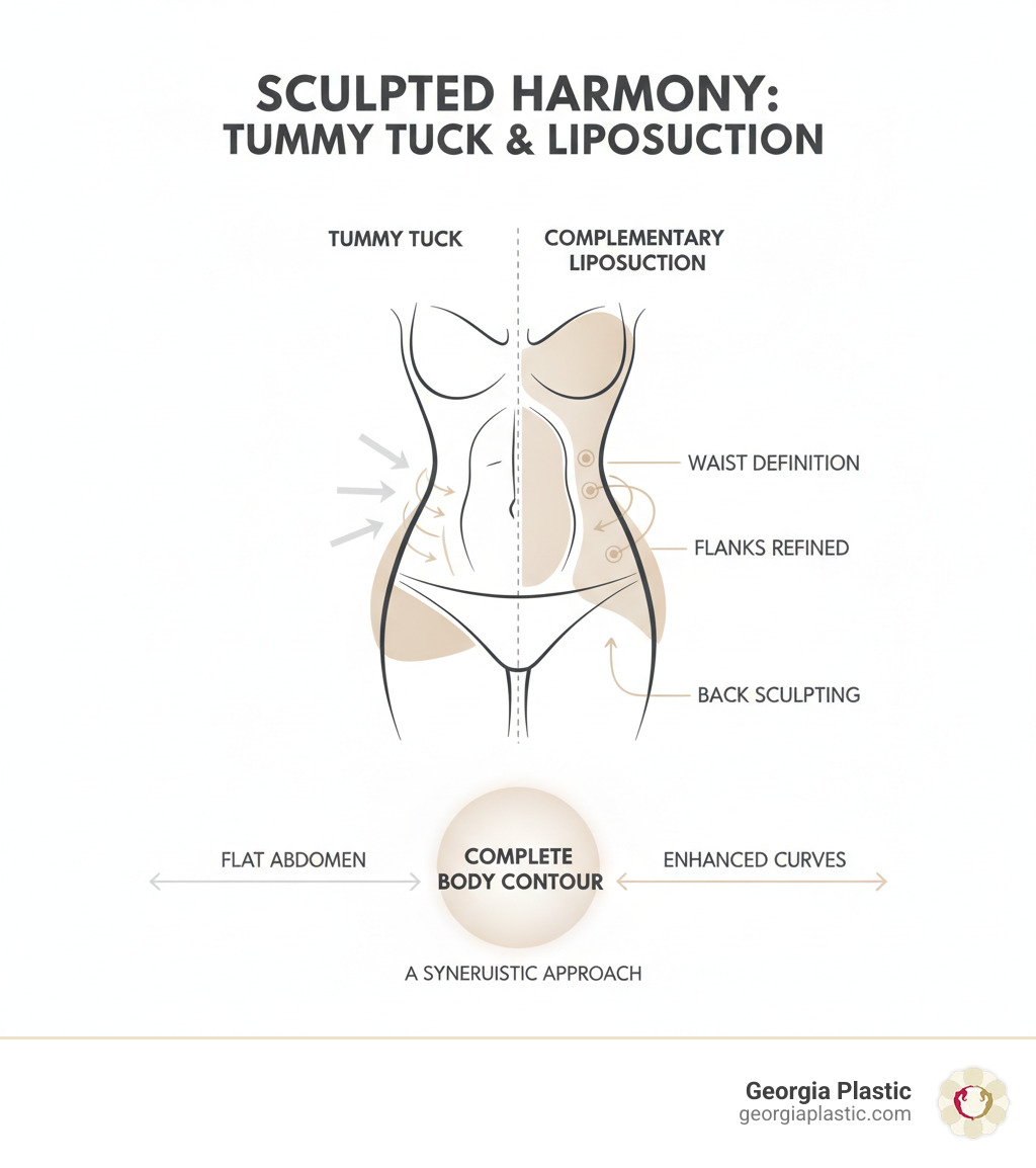 infographic illustrating how liposuction complements a tummy tuck by refining the waist, flanks, and back for a more sculpted and harmonious body contour. - best tummy tuck surgeon in atlanta infographic 