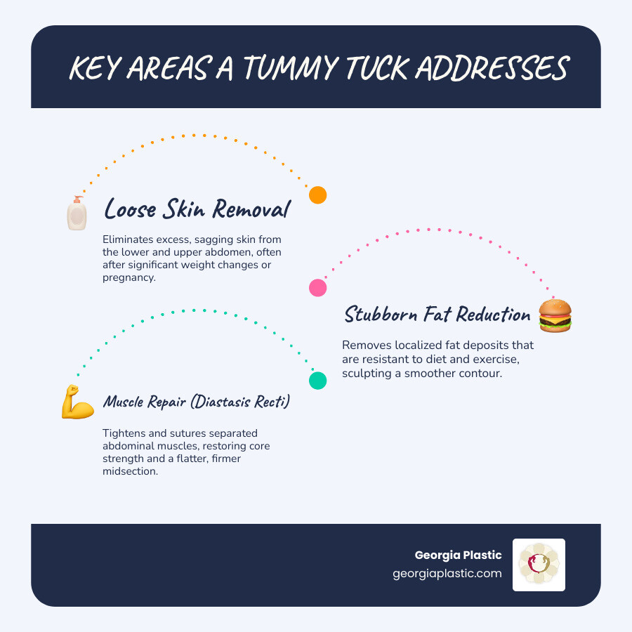 infographic showing the three main areas a tummy tuck addresses: excess loose skin in the lower and upper abdomen, stubborn fat deposits that resist diet and exercise, and separated or weakened abdominal muscles called diastasis recti, with before and after comparison silhouettes - best tummy tuck surgeon in atlanta infographic infographic-line-3-steps-blues-accent_colors
