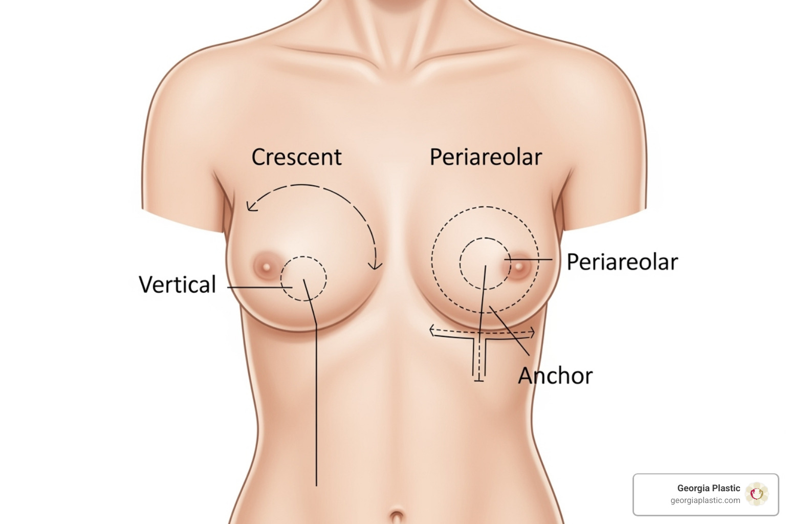 image showing diagrams of crescent, periareolar, vertical, and anchor breast lift incision patterns - georgia plastic breast lift image showing diagrams of crescent, periareolar, vertical, and anchor breast lift incision patterns - georgia plastic breast lift