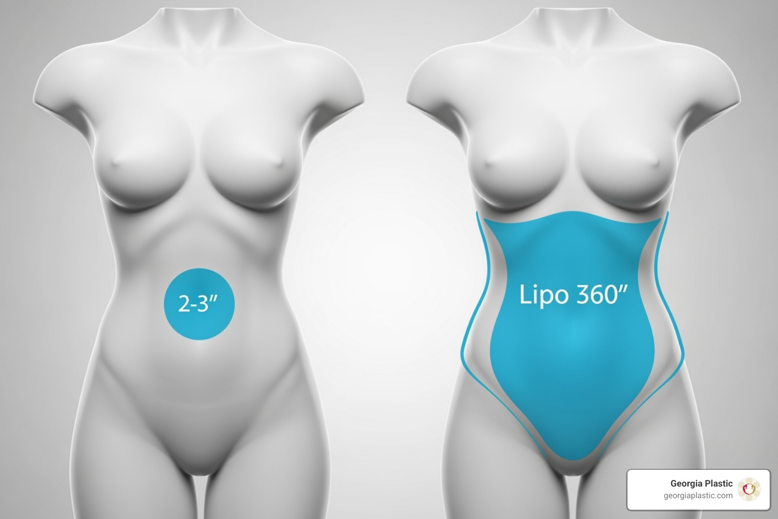 Diagram showing the difference between traditional liposuction (targeting a single area) and Lipo 360 (targeting the entire midsection circumferentially for a smoother, more contoured result) - lipo 360 atlanta Diagram showing the difference between traditional liposuction (targeting a single area) and Lipo 360 (targeting the entire midsection circumferentially for a smoother, more contoured result) - lipo 360 atlanta