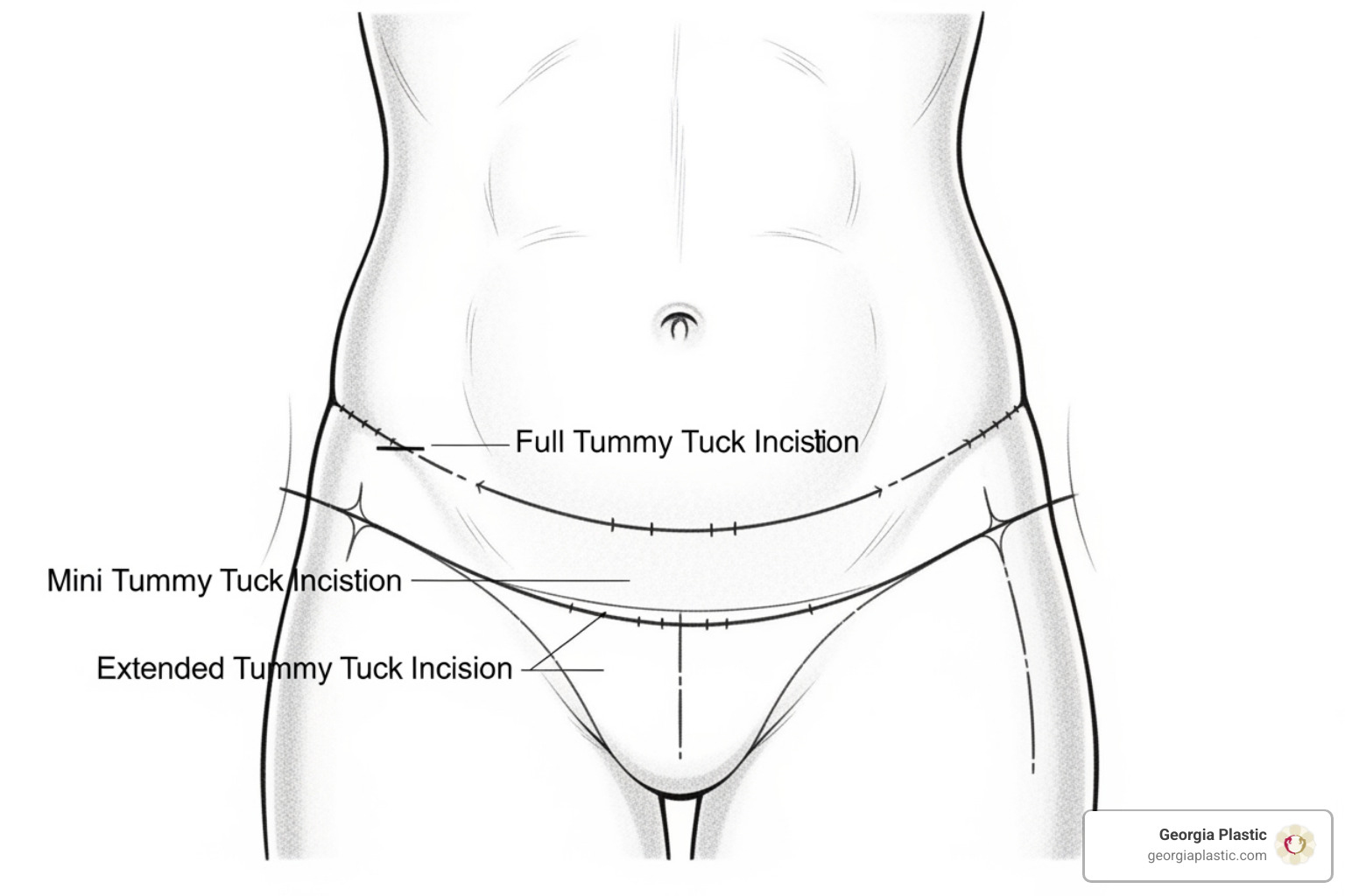 Illustration showing distinct incision lines for mini, full, and extended tummy tucks on an abdomen - tummy tuck atlanta