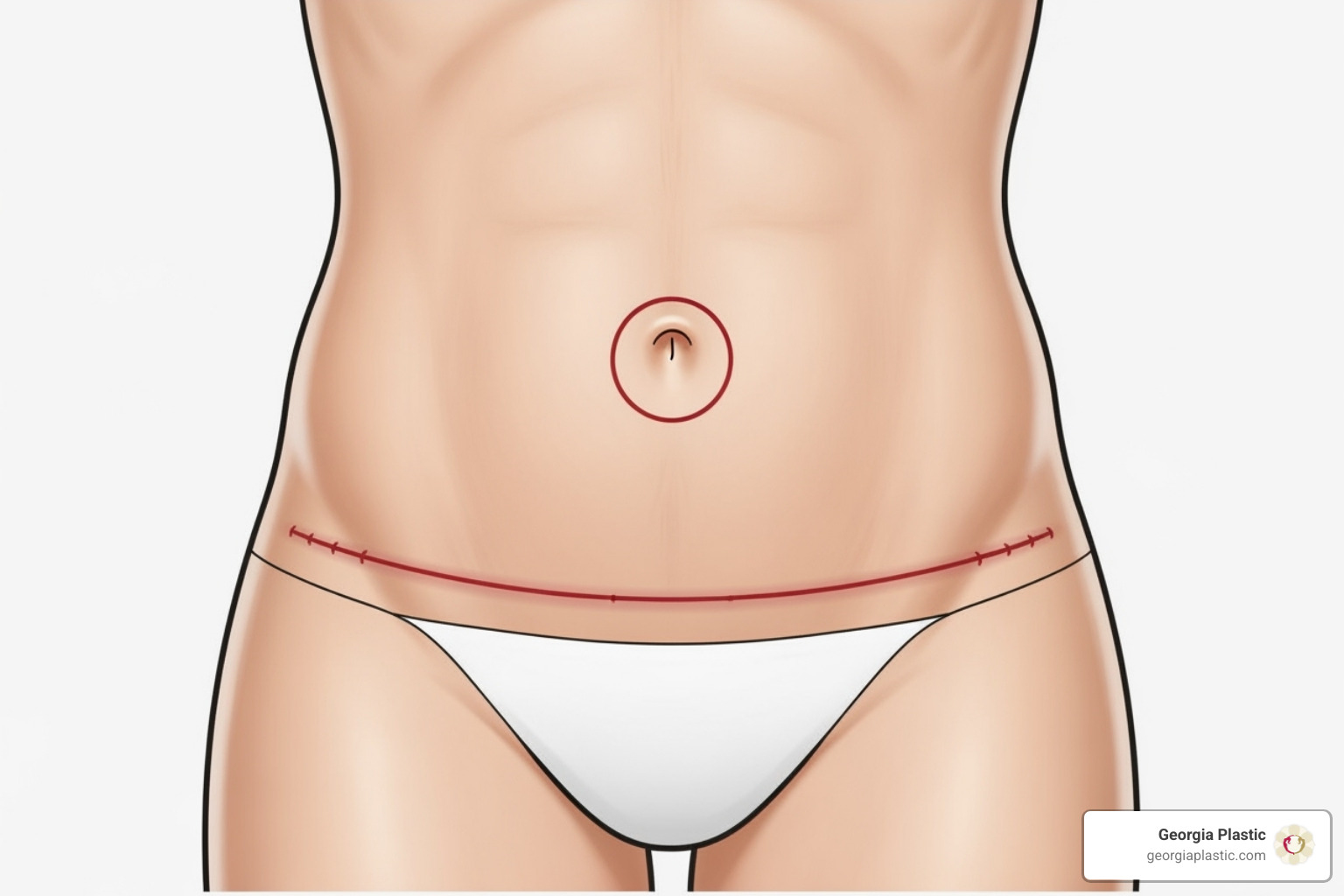 illustration of typical incision lines for a full tummy tuck - loose skin tummy tuck