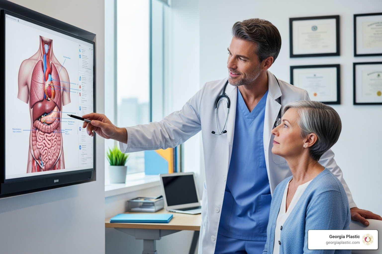 Surgeon consulting with patient pointing to diagram of human body - best liposuction surgeon in atlanta