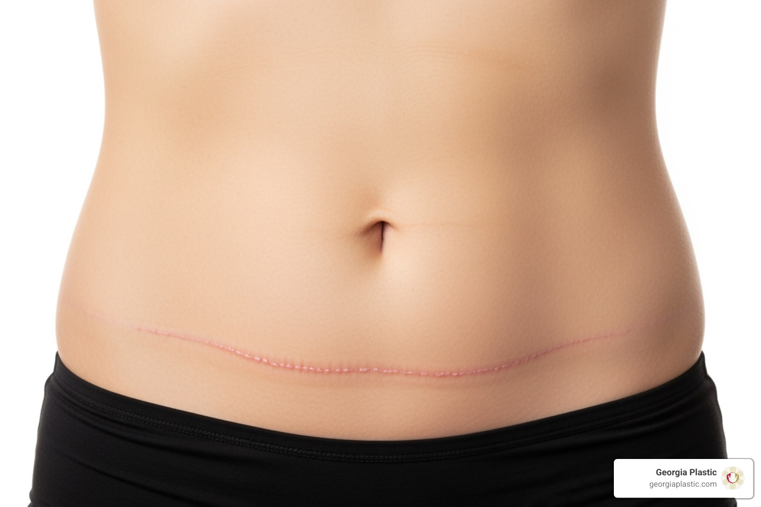 A close-up image of a woman's abdomen after a tummy tuck, showing a flat stomach and a thin, well-healed scar along the bikini line. - best tummy tuck surgeon in atlanta