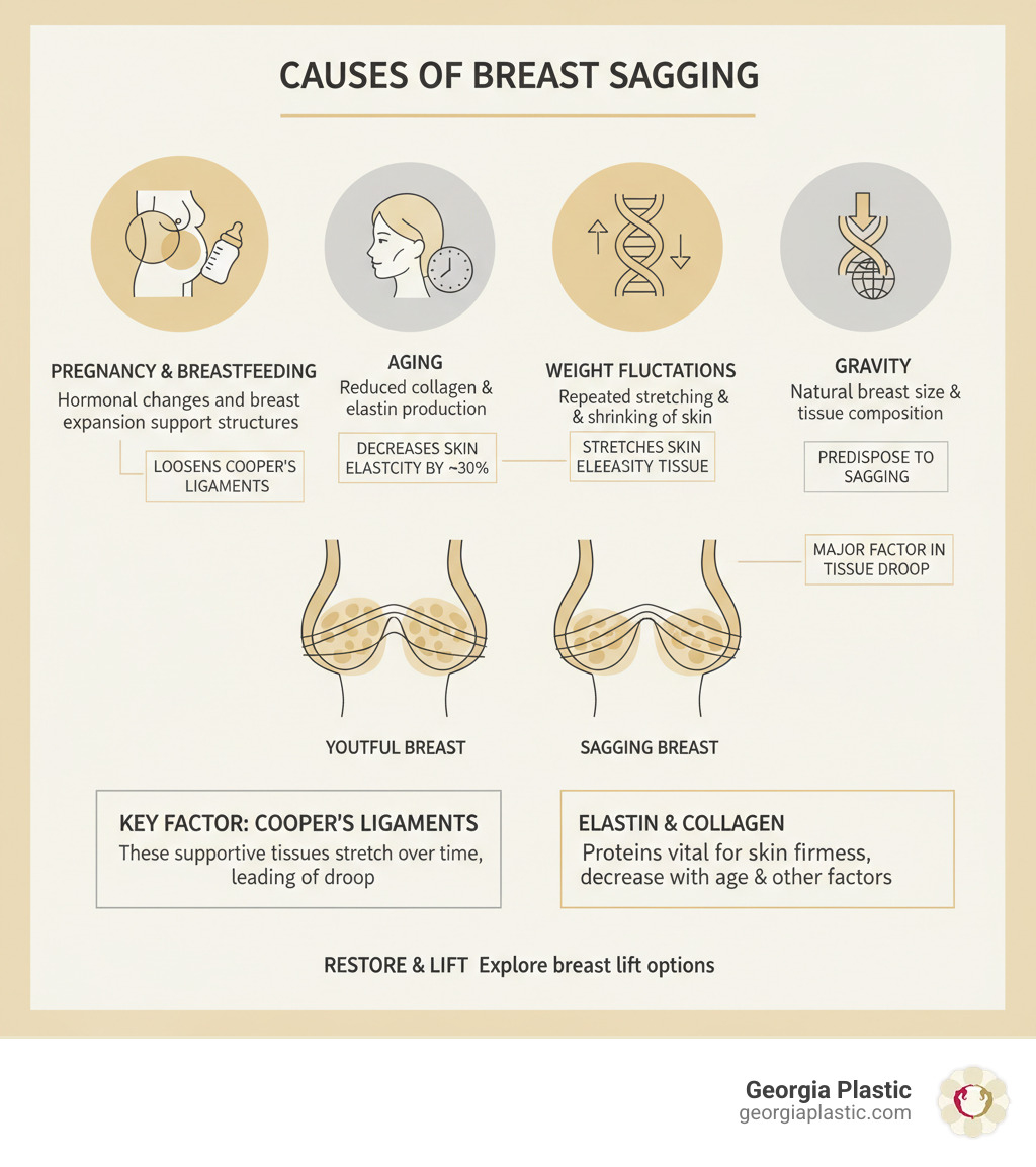 infographic showing the top causes of breast sagging including pregnancy, aging, weight loss, genetics, and gravity, with illustrations of each factor and statistics on how they affect breast tissue elasticity and Cooper's ligaments - georgia plastic breast lift infographic infographic showing the top causes of breast sagging including pregnancy, aging, weight loss, genetics, and gravity, with illustrations of each factor and statistics on how they affect breast tissue elasticity and Cooper's ligaments - georgia plastic breast lift infographic