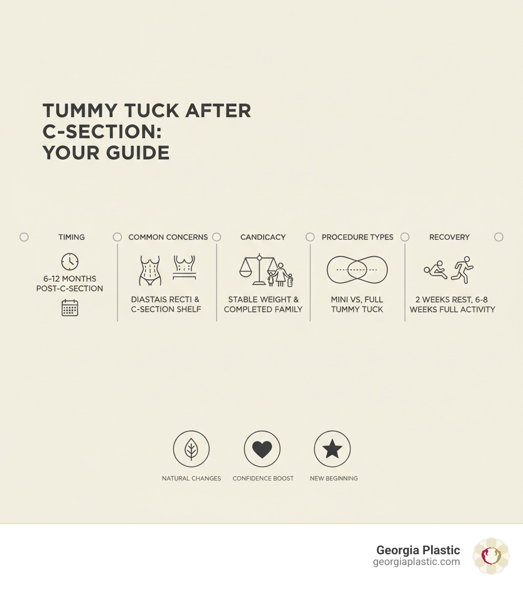 Infographic showing the timeline and key considerations for a tummy tuck after C-section, including the 6-12 month waiting period, common concerns addressed such as diastasis recti and C-section shelf, candidacy criteria like stable weight and completed family planning, types of procedures available from mini to full tummy tuck, and typical recovery milestones from initial 2 weeks of rest to full activity at 6-8 weeks - tummy tuck after C-section infographic 