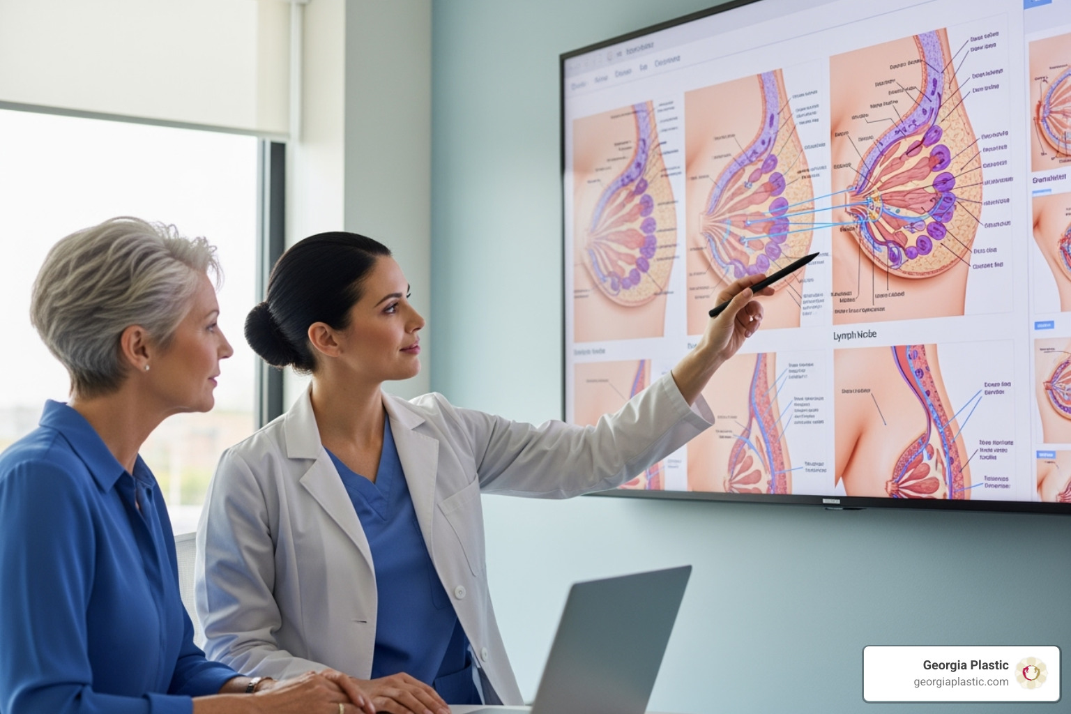 Image of a surgeon consulting with a patient, looking at diagrams of breast anatomy - breast lift with implants atlanta Image of a surgeon consulting with a patient, looking at diagrams of breast anatomy - breast lift with implants atlanta