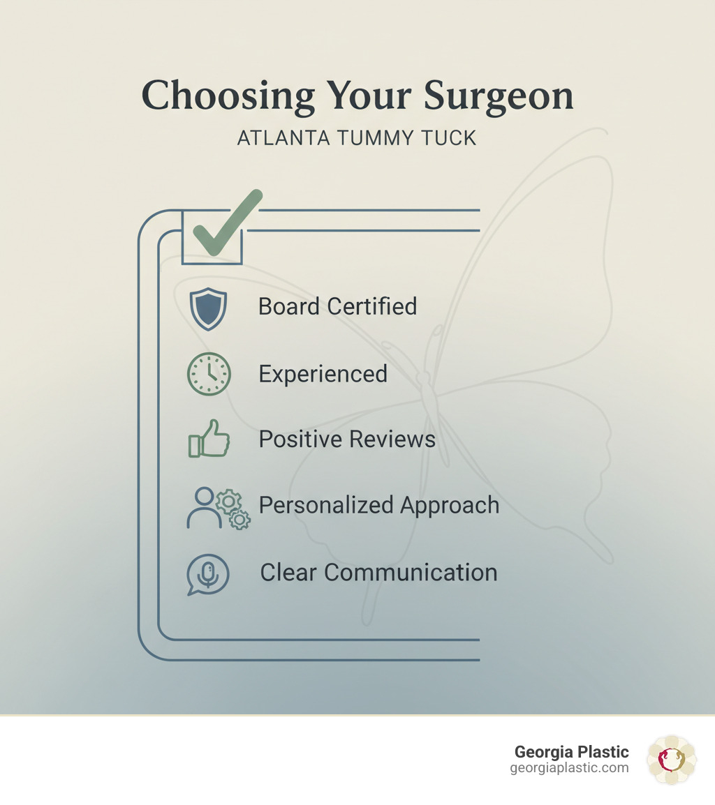 A graphic showing a checklist with attributes for choosing a surgeon: Board Certified, Experienced, Positive Reviews, Personalized Approach, Clear Communication. - best tummy tuck surgeon in atlanta infographic 