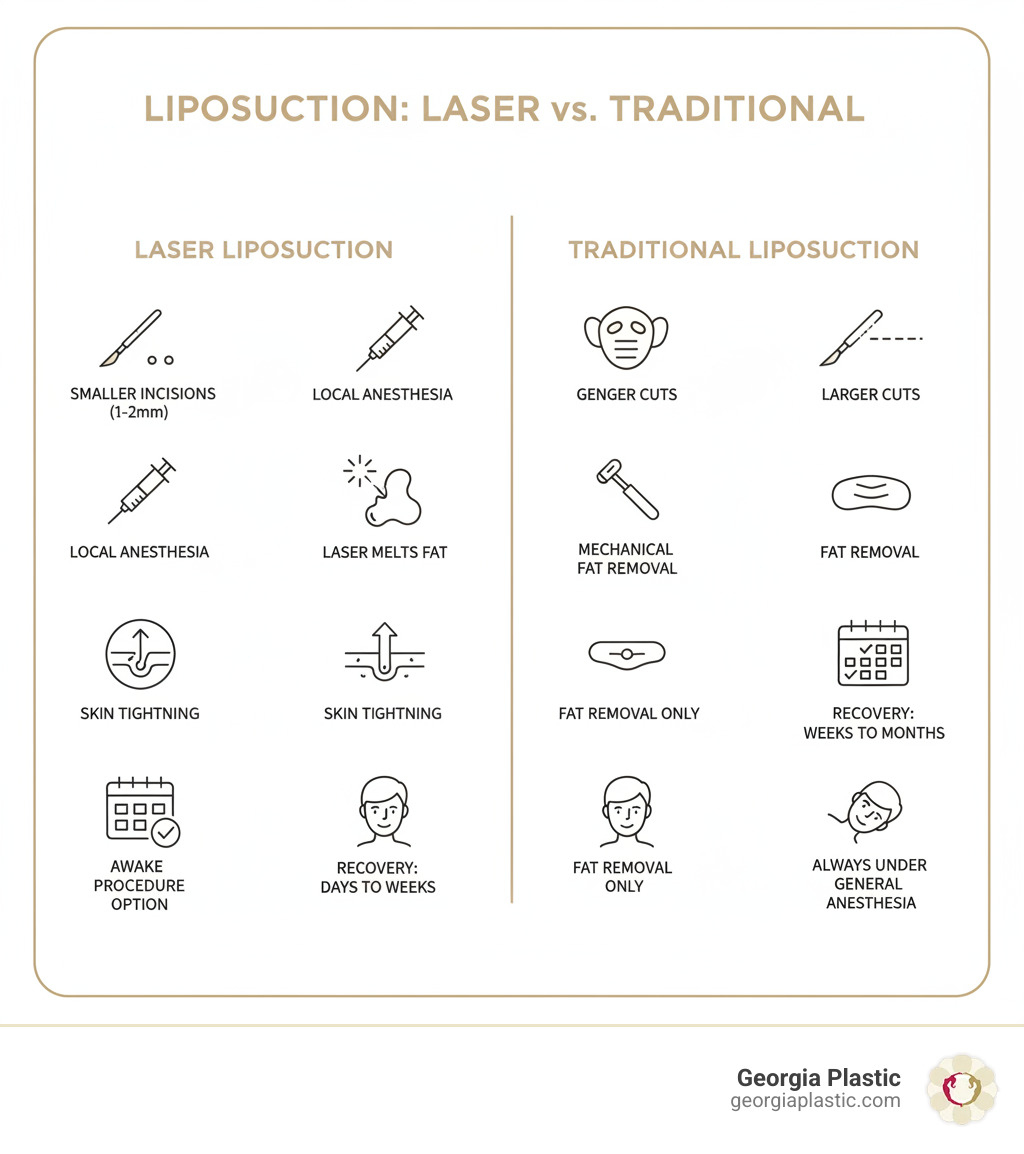 Infographic comparing laser liposuction vs traditional liposuction showing key differences: laser lipo uses smaller incisions (1-2mm vs larger cuts), local vs general anesthesia, laser energy melts fat before removal vs mechanical fat removal only, includes skin tightening benefits vs fat removal only, recovery time of days to weeks vs weeks to months, and awake procedure option vs always under general anesthesia - laser lipo atlanta infographic 