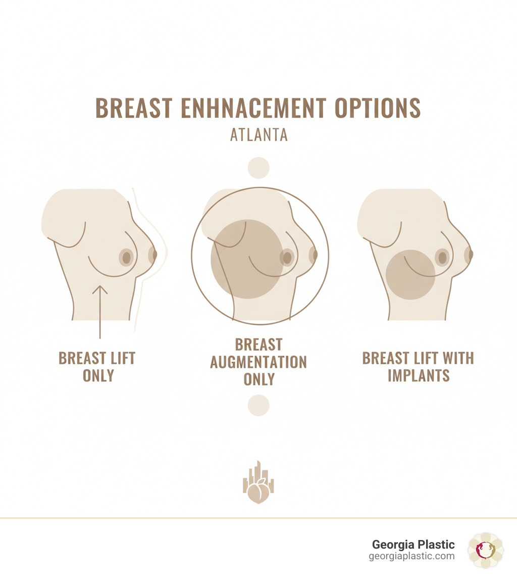Infographic showing three breast silhouettes side by side: the first labeled 'Breast Lift Only' shows repositioned tissue with no size change, the second labeled 'Breast Augmentation Only' shows increased volume without lift, and the third labeled 'Breast Lift with Implants' shows both lifted position and restored upper pole fullness with implants - breast lift with implants atlanta infographic Infographic showing three breast silhouettes side by side: the first labeled 'Breast Lift Only' shows repositioned tissue with no size change, the second labeled 'Breast Augmentation Only' shows increased volume without lift, and the third labeled 'Breast Lift with Implants' shows both lifted position and restored upper pole fullness with implants - breast lift with implants atlanta infographic