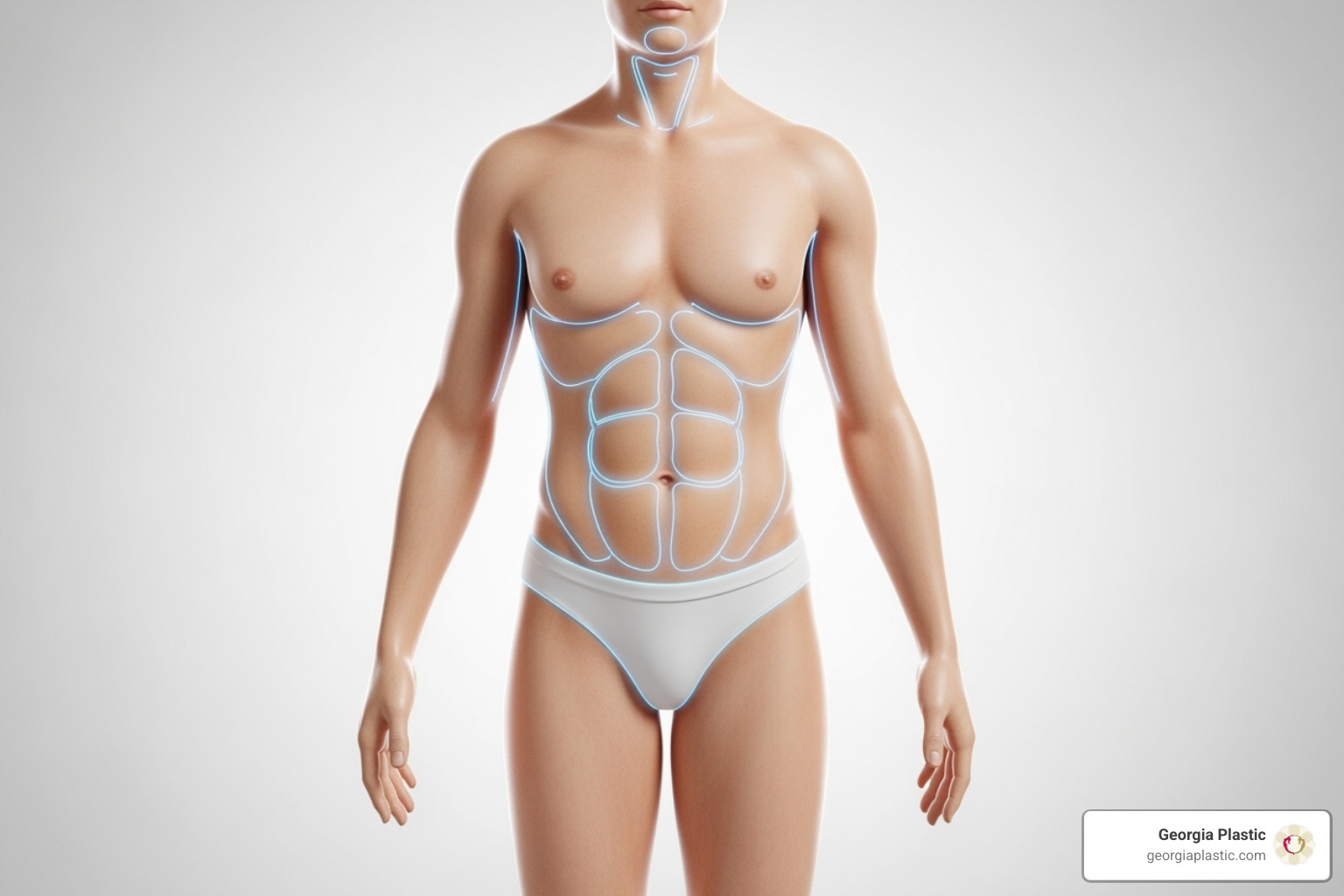 Illustration showing various body areas highlighted for laser liposuction treatment, such as abdomen, flanks, arms, thighs, and chin - laser lipo atlanta