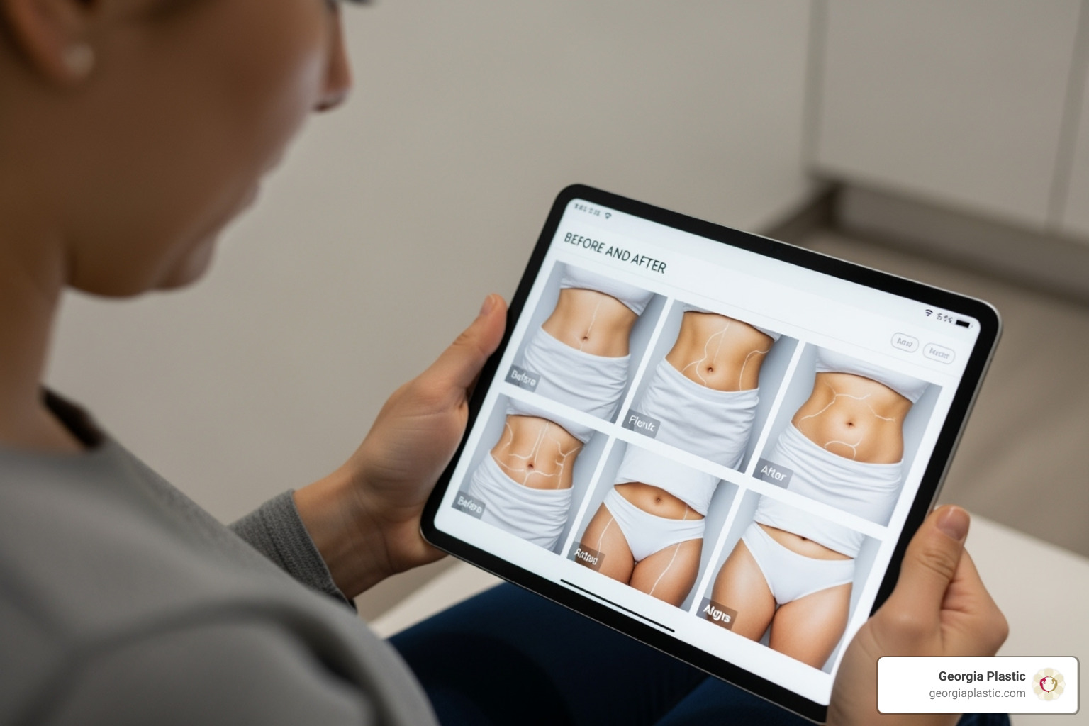 Patient looking at a before-and-after photo gallery on a tablet - best liposuction surgeon in atlanta