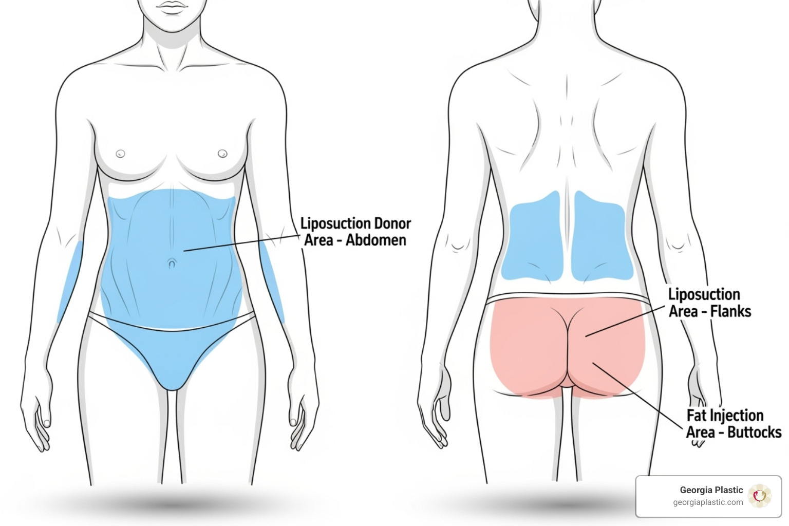 illustrating the liposuction and fat injection areas - brazilian butt lift atlanta