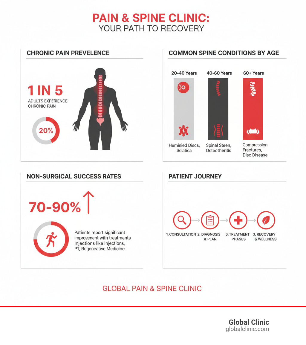 infographic showing statistics on chronic pain prevalence, common spine conditions by age group, success rates of non-surgical treatments, and patient journey from consultation to recovery at a pain and spine clinic - Pain & Spine Clinic infographic 