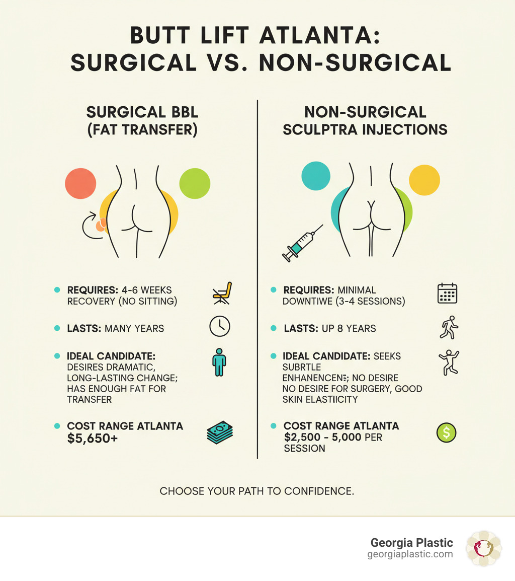 Infographic comparing surgical butt lift options (BBL with fat transfer requiring 4-6 weeks recovery and lasting many years) versus non-surgical options (Sculptra injections requiring 3-4 sessions with minimal downtime and lasting up to 2 years), showing ideal candidates for each approach and key cost ranges in Atlanta - butt lift atlanta infographic Infographic comparing surgical butt lift options (BBL with fat transfer requiring 4-6 weeks recovery and lasting many years) versus non-surgical options (Sculptra injections requiring 3-4 sessions with minimal downtime and lasting up to 2 years), showing ideal candidates for each approach and key cost ranges in Atlanta - butt lift atlanta infographic