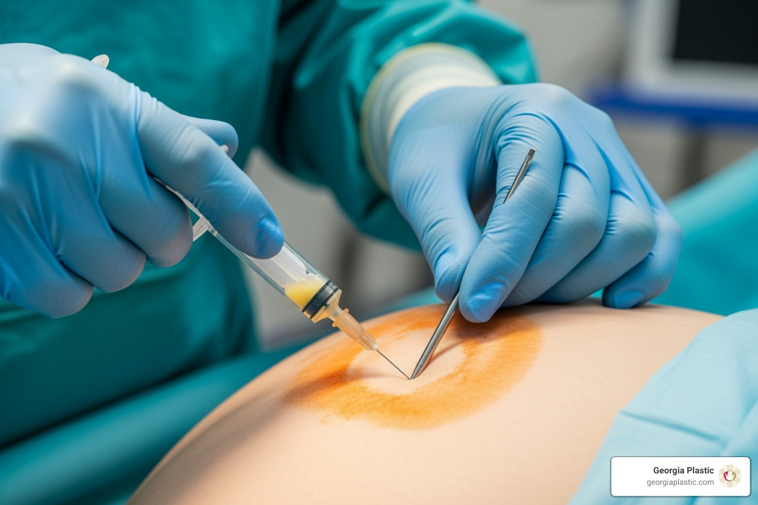 A close-up image showing a plastic surgeon's hands meticulously injecting purified fat into the buttock area with a small cannula. - gluteal fat transfer atlanta