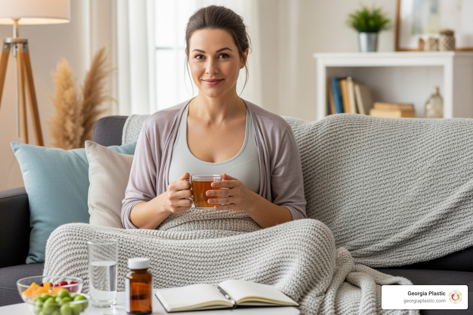 Well-prepared recovery station with pillows, water bottle, books, and healthy snacks - mommy makeover recovery tips
