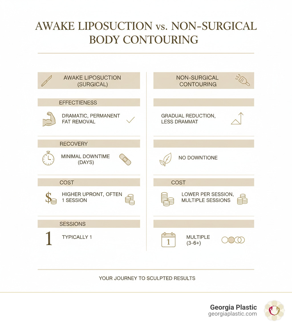 Table comparing Awake Liposuction vs. Non-Surgical Contouring on effectiveness, recovery, cost, and number of sessions - awake liposuction atlanta infographic Table comparing Awake Liposuction vs. Non-Surgical Contouring on effectiveness, recovery, cost, and number of sessions - awake liposuction atlanta infographic