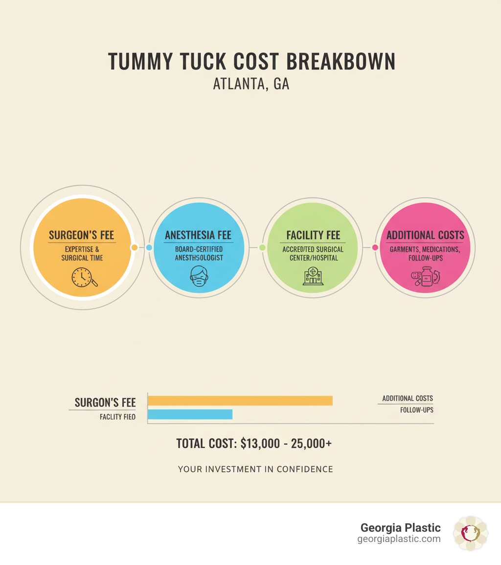 Infographic showing four main components of tummy tuck cost: Surgeon's Fee (largest portion, covering expertise and surgical time), Anesthesia Fee (for board-certified anesthesiologist), Facility Fee (for accredited surgical center or hospital), and Additional Costs (including post-op garments, medications, and follow-up care) - tummy tuck cost atlanta infographic Infographic showing four main components of tummy tuck cost: Surgeon's Fee (largest portion, covering expertise and surgical time), Anesthesia Fee (for board-certified anesthesiologist), Facility Fee (for accredited surgical center or hospital), and Additional Costs (including post-op garments, medications, and follow-up care) - tummy tuck cost atlanta infographic