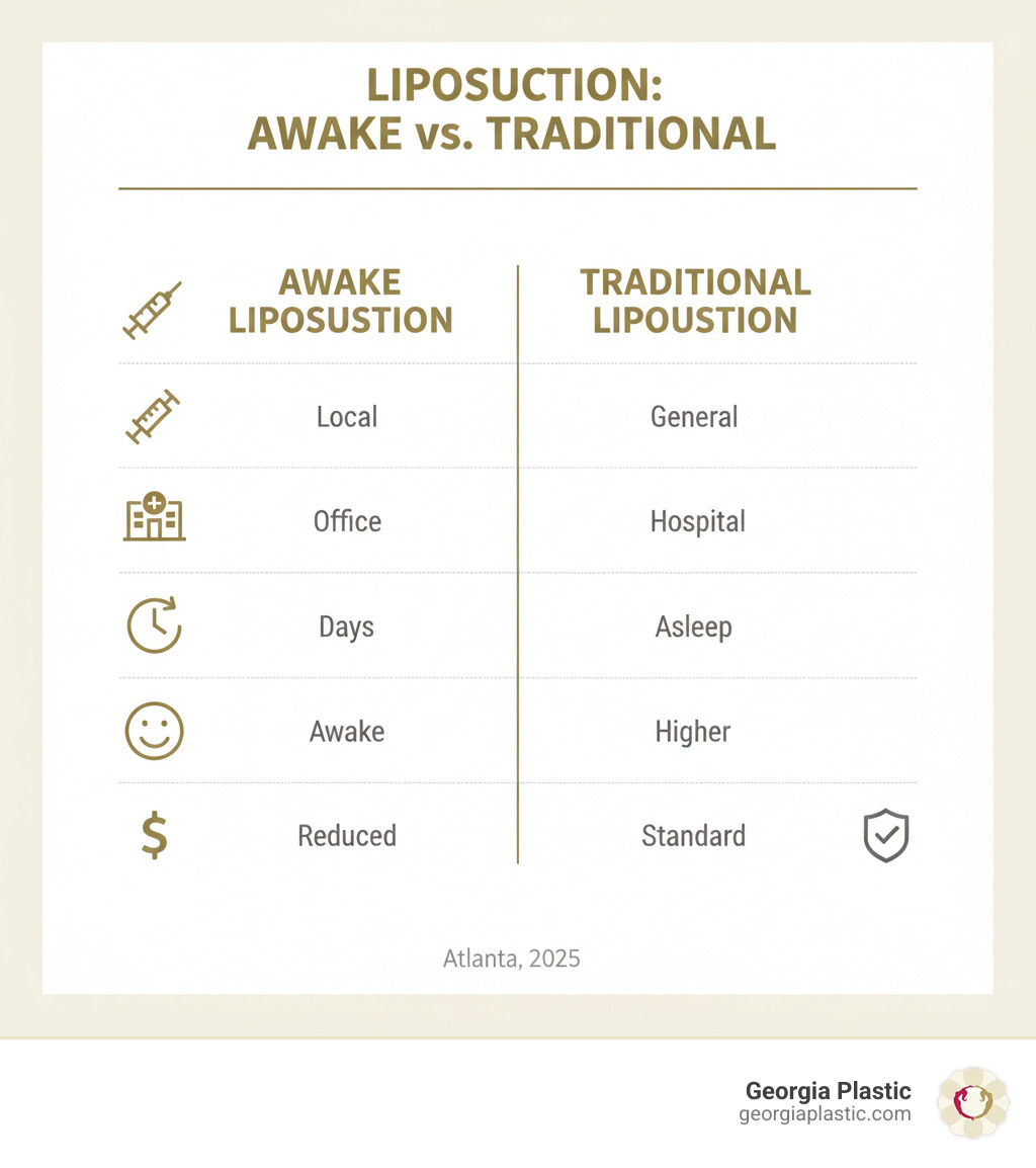 Infographic comparing awake liposuction versus traditional liposuction showing key differences: anesthesia type (local vs general), location (office vs hospital), recovery time (days vs weeks), patient state (awake vs asleep), cost (lower vs higher), and risks (reduced vs standard) - awake liposuction atlanta infographic Infographic comparing awake liposuction versus traditional liposuction showing key differences: anesthesia type (local vs general), location (office vs hospital), recovery time (days vs weeks), patient state (awake vs asleep), cost (lower vs higher), and risks (reduced vs standard) - awake liposuction atlanta infographic