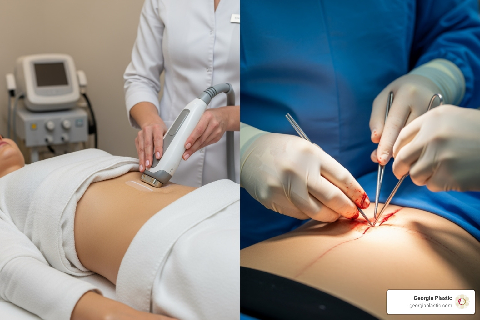 graphic comparing non-surgical and surgical options for skin tightening - tighten loose abdominal skin graphic comparing non-surgical and surgical options for skin tightening - tighten loose abdominal skin