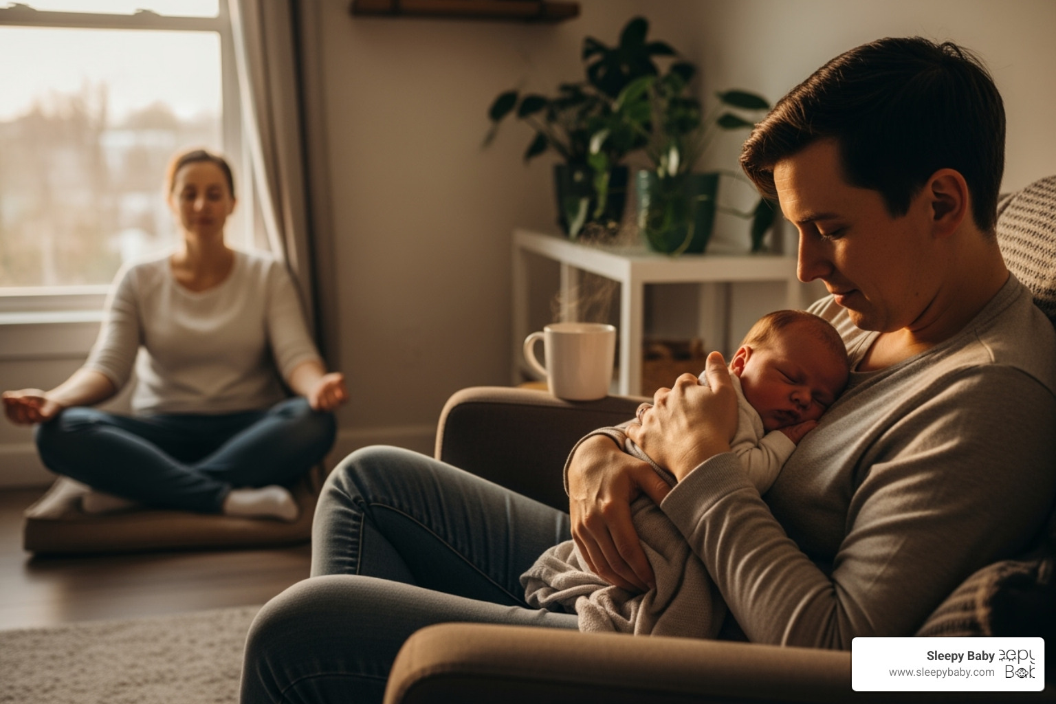 parent taking a mindful break while another parent holds the baby - baby crying for no reason