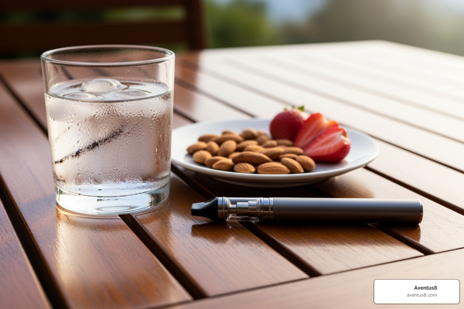 glass of water and a healthy snack next to a vape pen on a patio table - how long does thc vape pen take to kick in