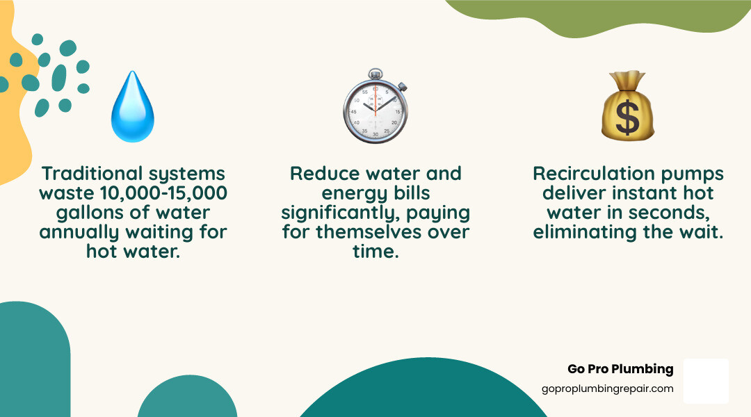 Infographic showing side-by-side comparison: Traditional system with person waiting 2 minutes while water runs down drain (10,000-15,000 gallons wasted annually), versus recirculation pump system with instant hot water delivery in seconds, highlighting water savings, energy savings, and convenience benefits - electric water heater recirculation pump infographic 3_facts_emoji_nature