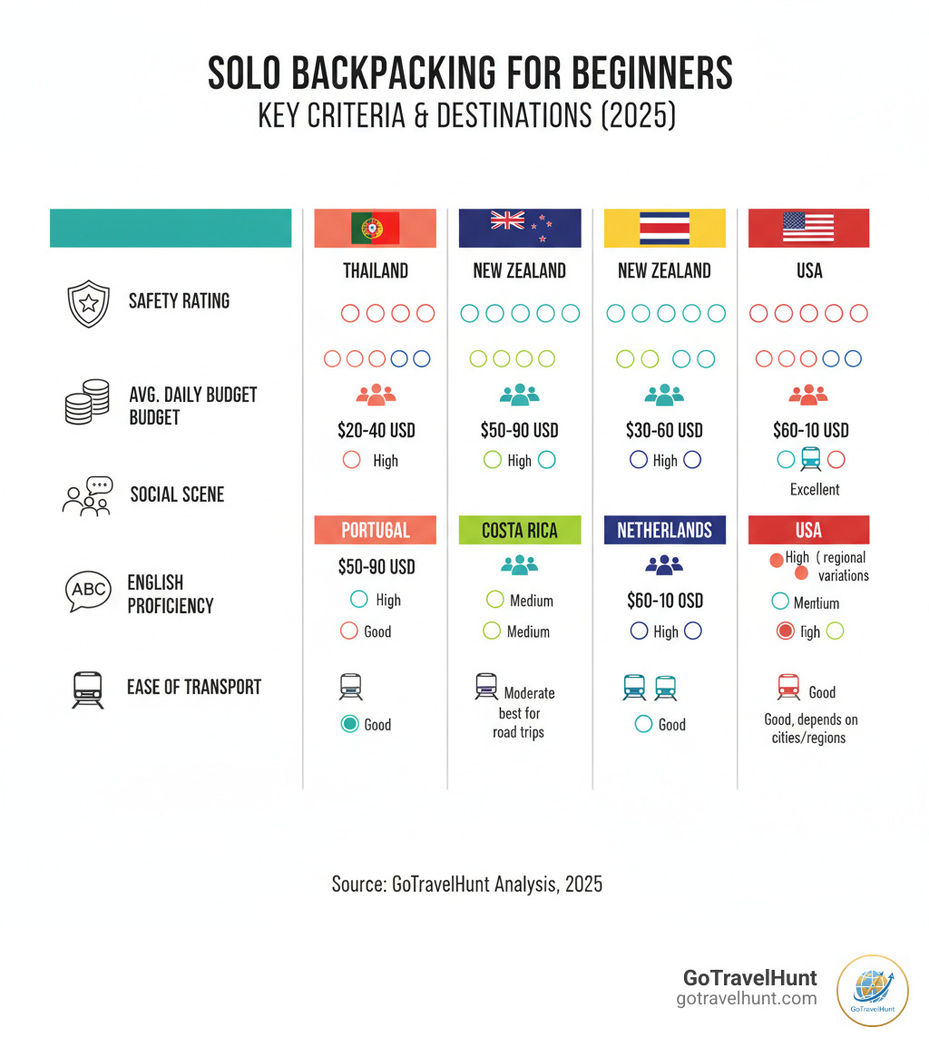 infographic showing key criteria for choosing beginner-friendly solo backpacking destinations: safety ratings, average daily budget, social scene strength, english proficiency level, and ease of transportation for destinations like Thailand, Portugal, New Zealand, Costa Rica, Netherlands and USA - solo backpacking destinations infographic  infographic showing key criteria for choosing beginner-friendly solo backpacking destinations: safety ratings, average daily budget, social scene strength, english proficiency level, and ease of transportation for destinations like Thailand, Portugal, New Zealand, Costa Rica, Netherlands and USA - solo backpacking destinations infographic